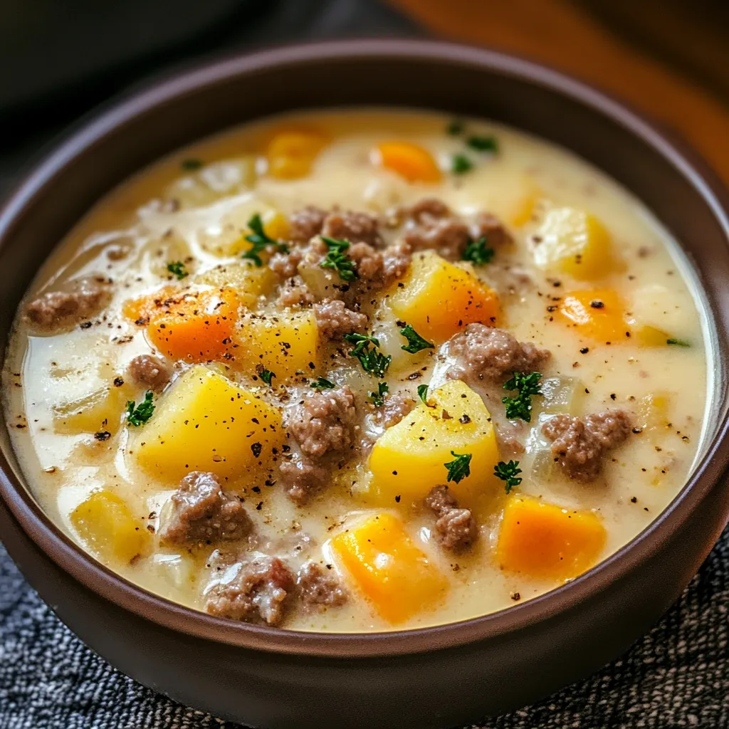 A bowl of soup with meat and vegetables.