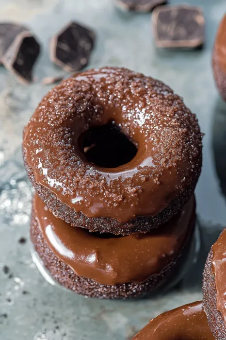 Chocolate donuts on a tray.