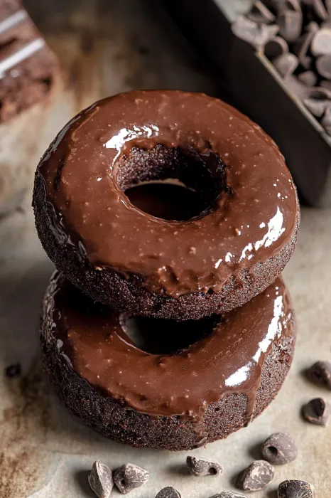 Two chocolate donuts stacked on top of each other.