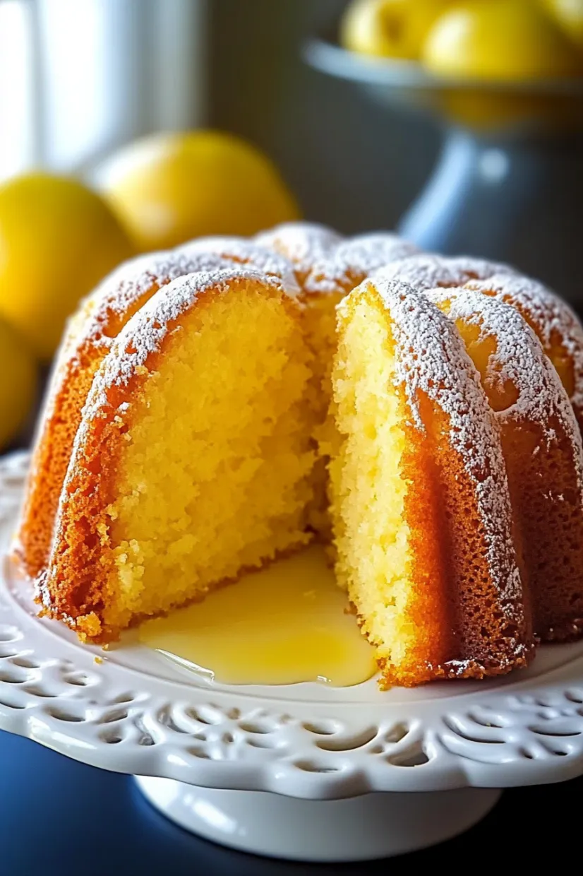 A slice of lemon cake with powdered sugar on top.