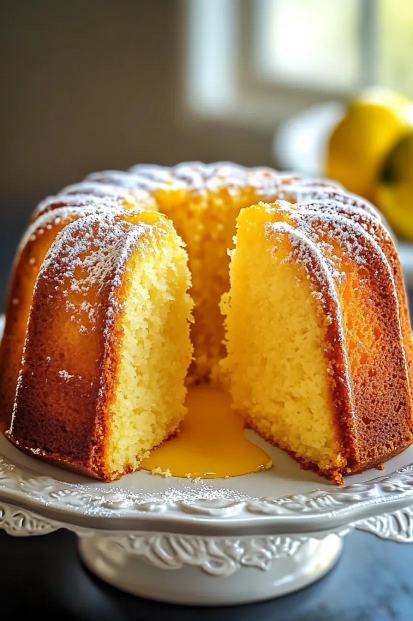 A cake with a yellow frosting and lemon slices on top.