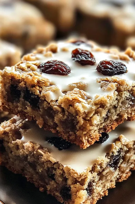 A close up of a dessert with raisins and white icing.