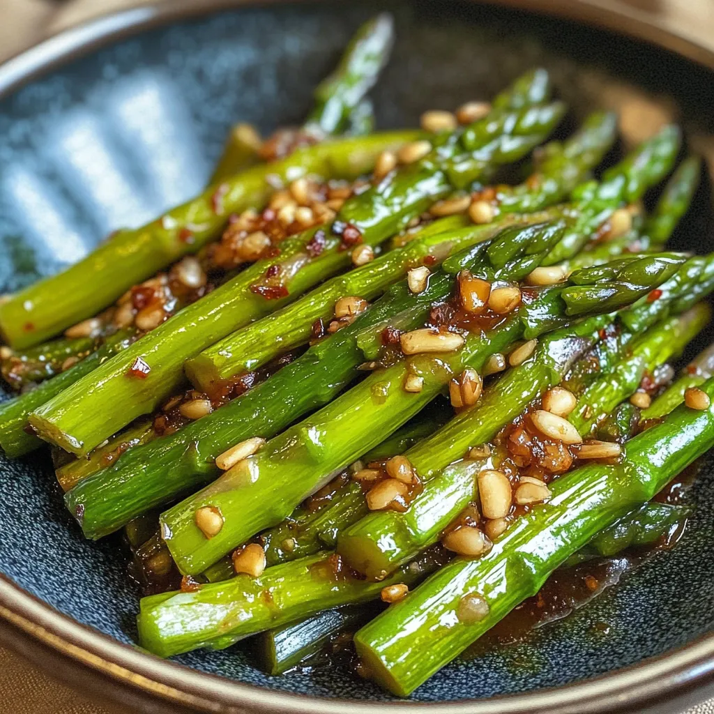 A bowl of asparagus with nuts and sauce.