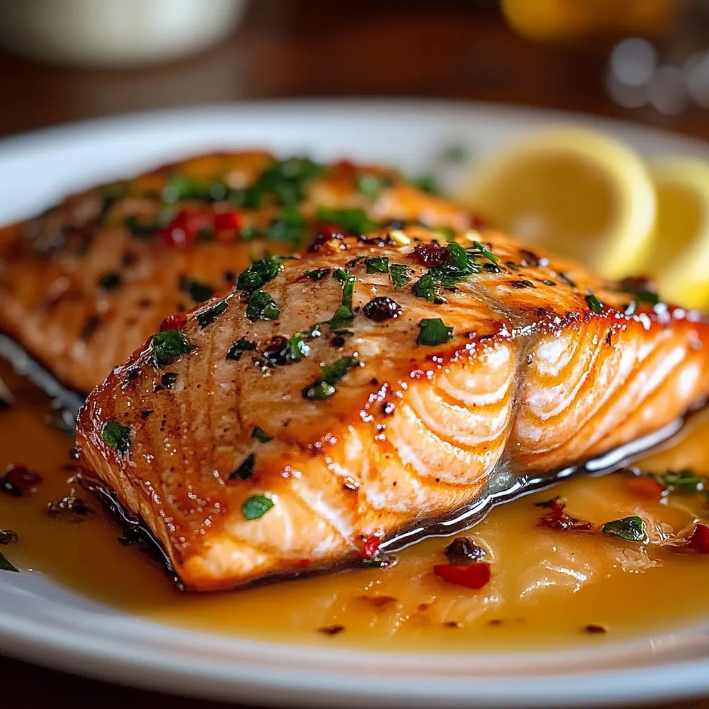 A plate of cooked fish with lemon wedges.