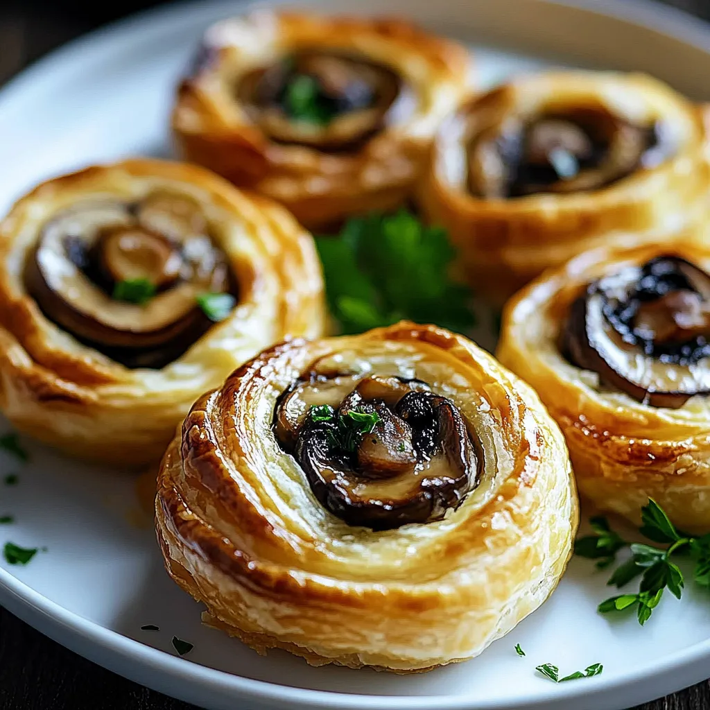 A plate of four pastries with mushrooms.