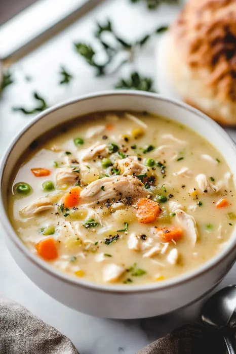 A bowl of soup with chicken and peas.