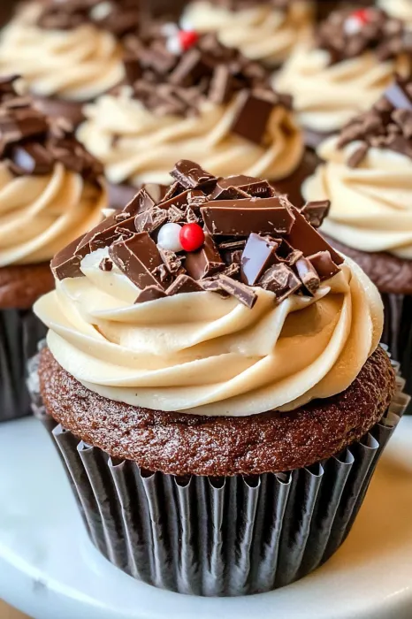 A cupcake with chocolate and white frosting.