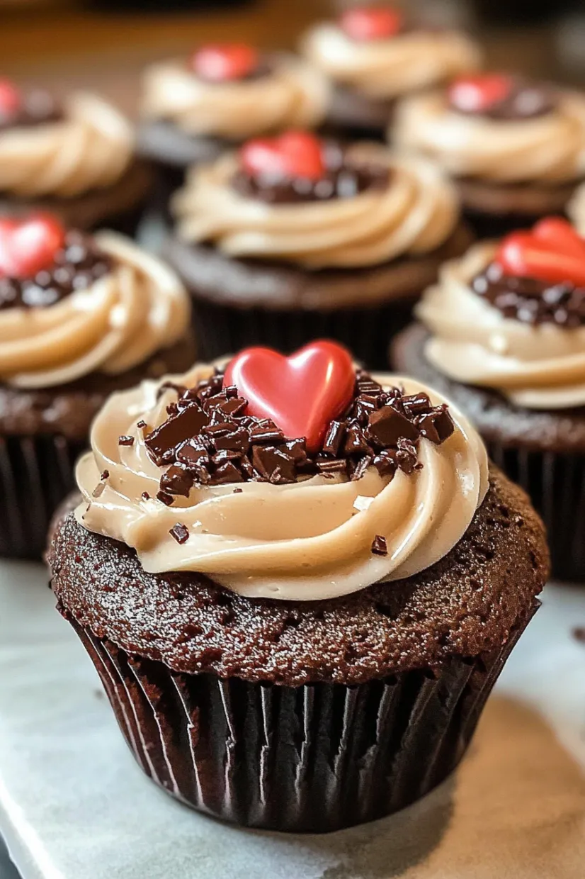 A chocolate cupcake with a heart on top.