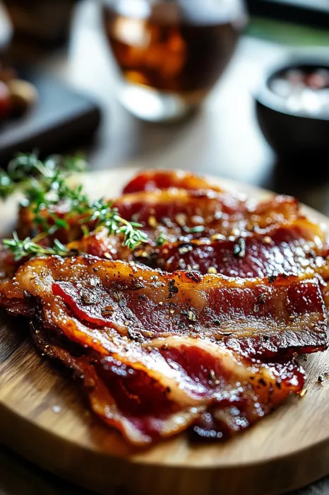 Bacon on a wooden cutting board.