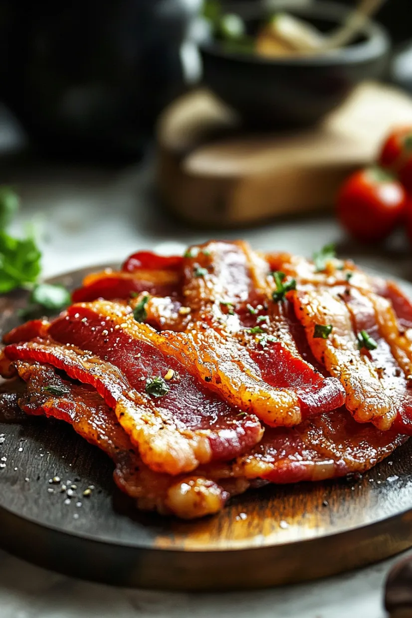 Bacon on a wooden cutting board.