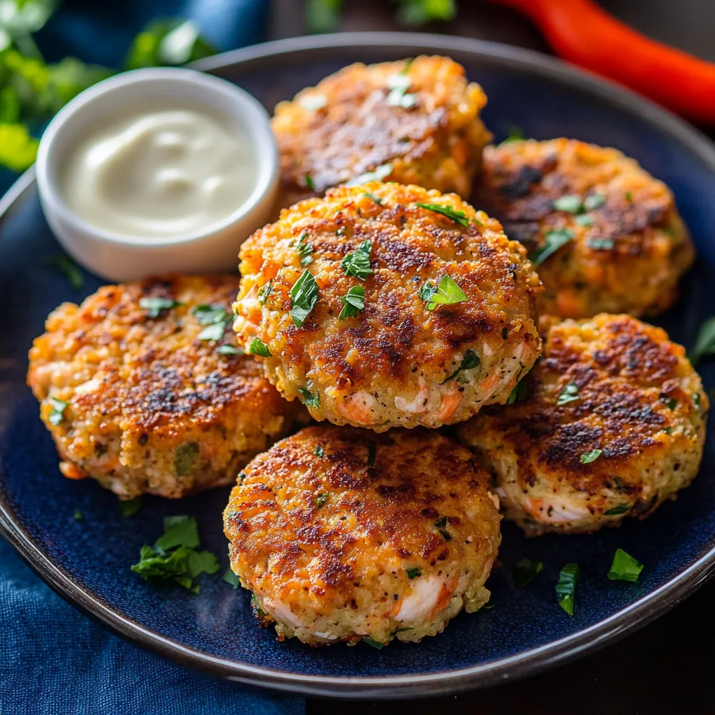 A plate of crab cakes with a white sauce.