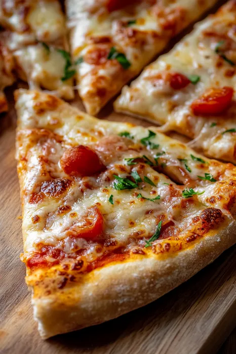 A slice of pizza with tomatoes and basil.