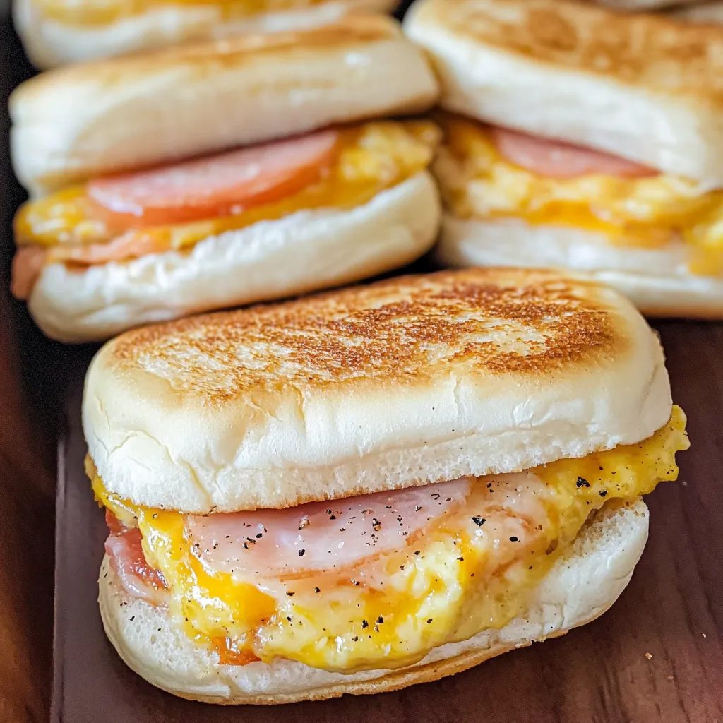 A plate of sandwiches with eggs and ham.