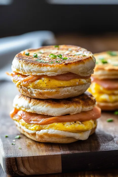 A stack of sandwiches with meat and eggs.