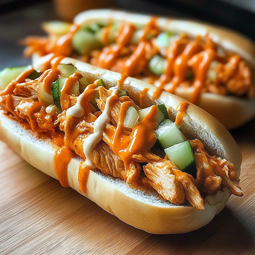 A hot dog with sauce and cucumbers on a bun.