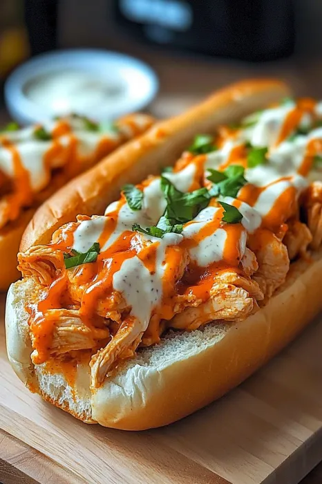 A hot dog with chicken and sauce.