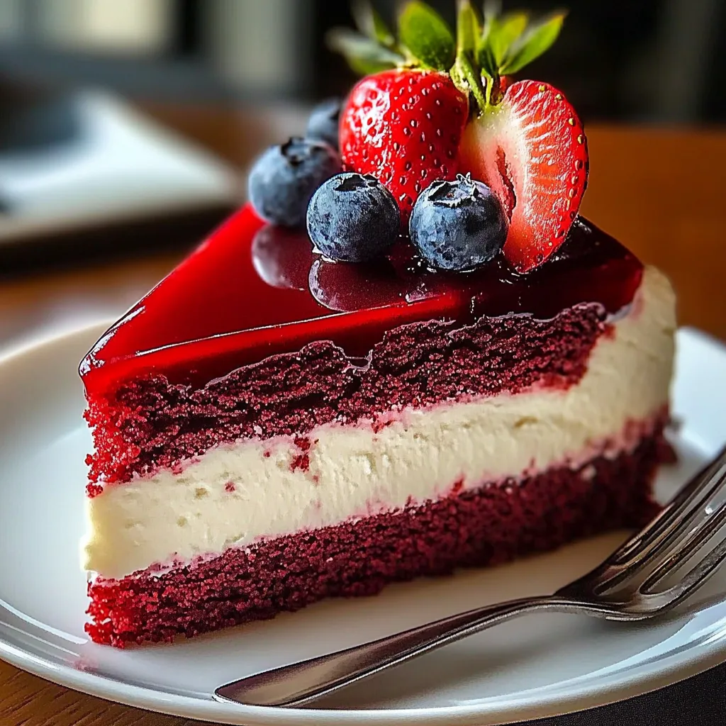 A slice of red velvet cake with blueberries and strawberries on top.
