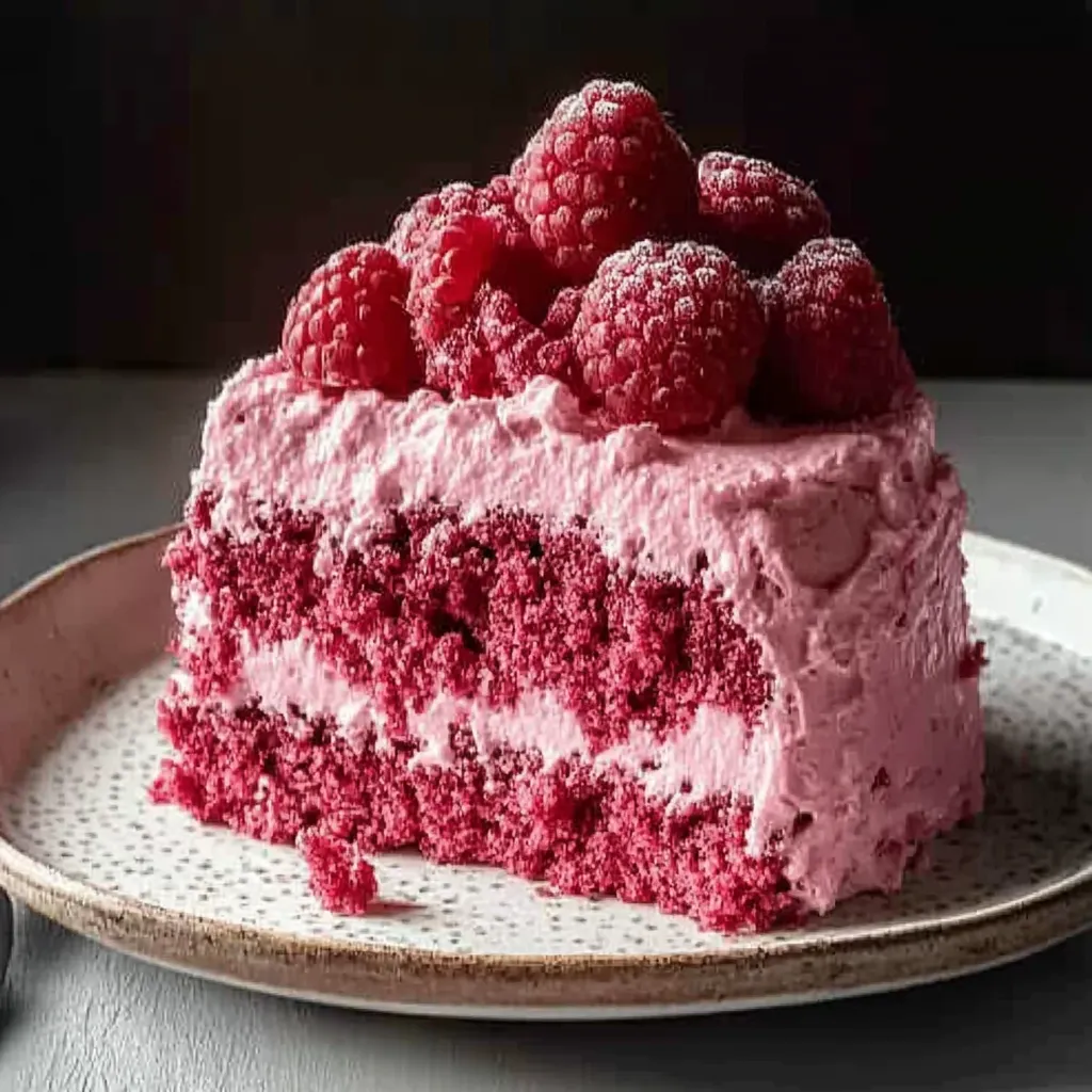 A slice of red velvet cake with raspberries on top.