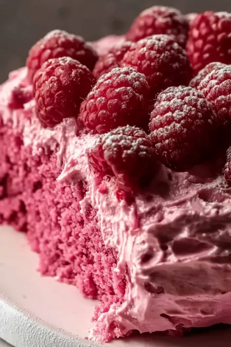 A slice of pink cake with raspberries on top.