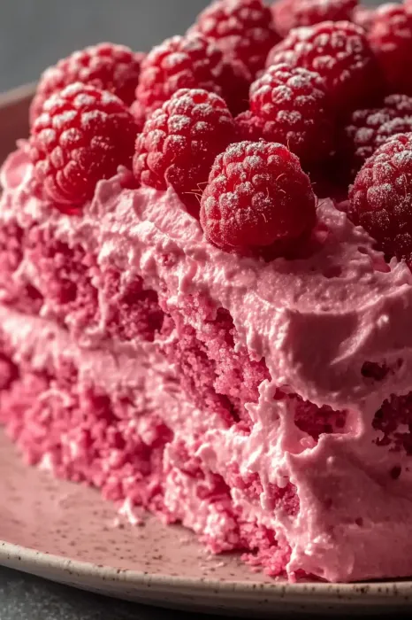 A slice of pink cake with raspberries on top.