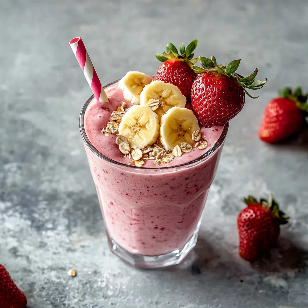 A glass of strawberry banana smoothie with a strawberry on top.