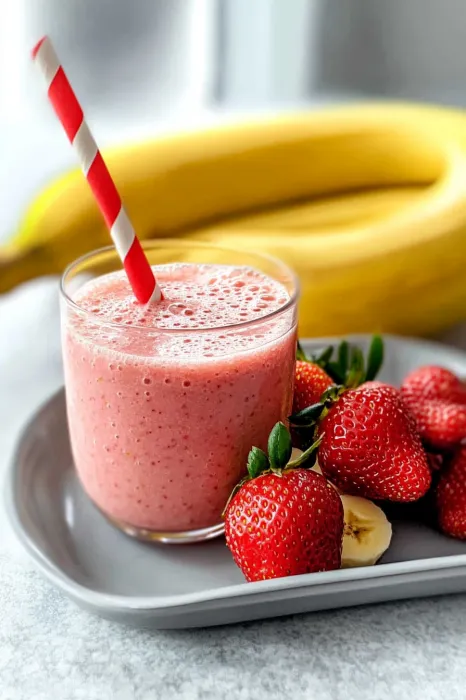 A glass of pink smoothie with a strawberry and banana on the side.