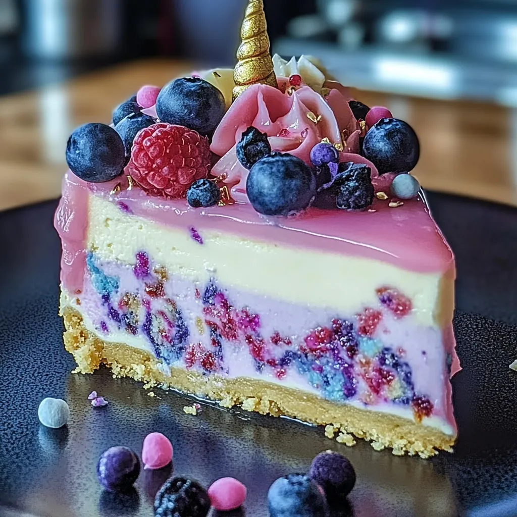 A slice of cake with blueberries and raspberries on top.