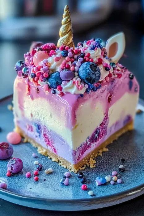 A slice of cake with blueberries and pink frosting.