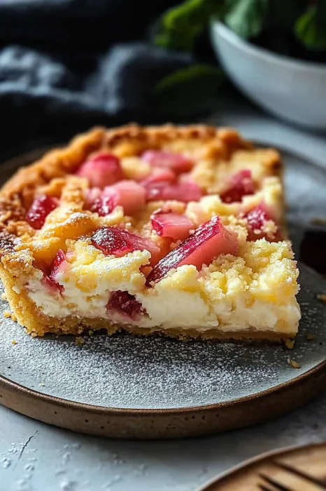 A slice of pie with a white frosting and red fruit.