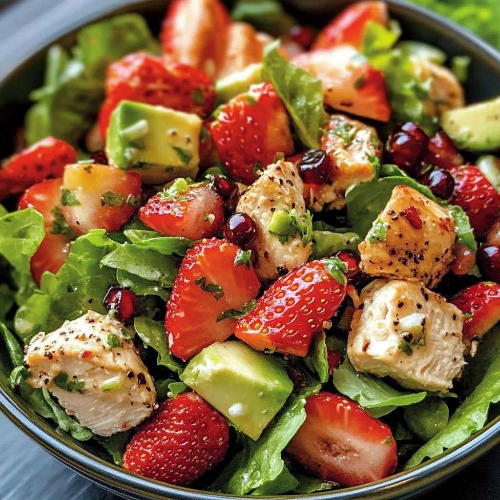 A bowl of fruit salad with strawberries, avocado, and chicken.