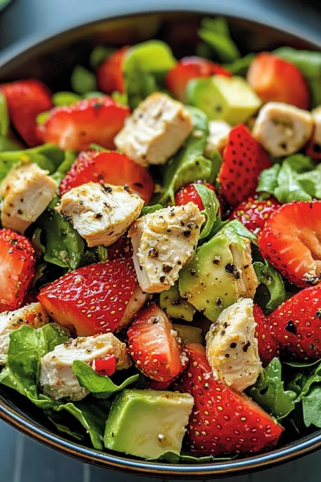 A salad with chicken, strawberries, and lettuce.