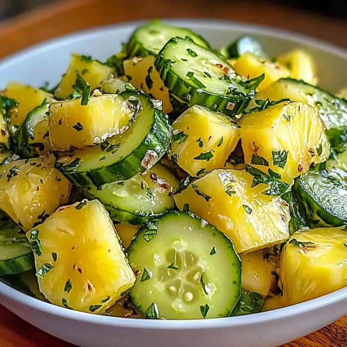 A bowl of cucumbers and pineapple.
