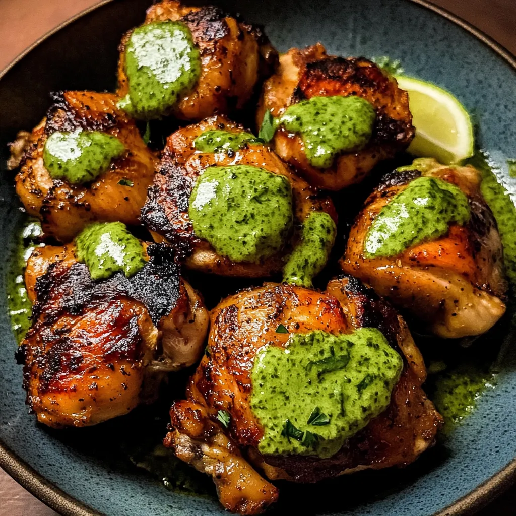 A bowl of chicken with green sauce.