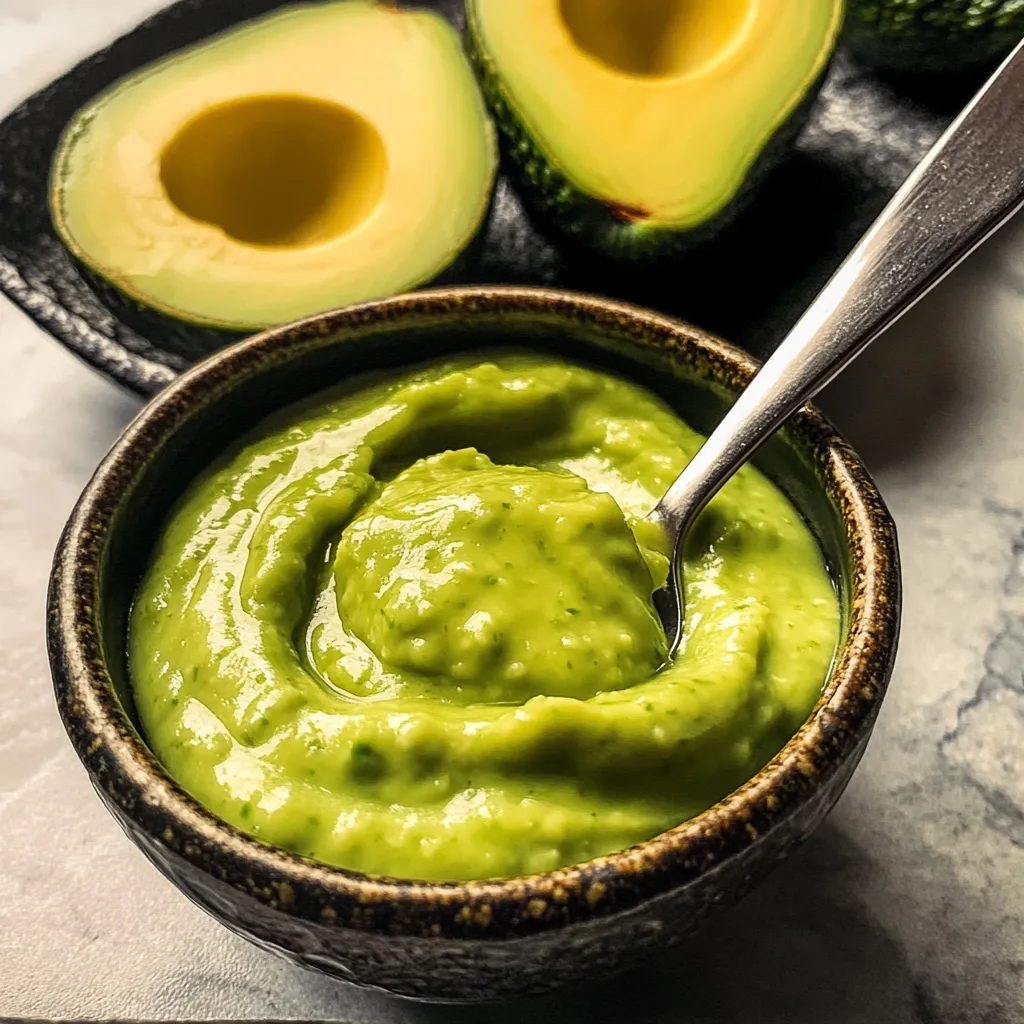 A bowl of guacamole with a spoon in it.
