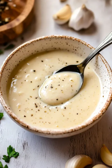 A bowl of soup with a spoon in it.