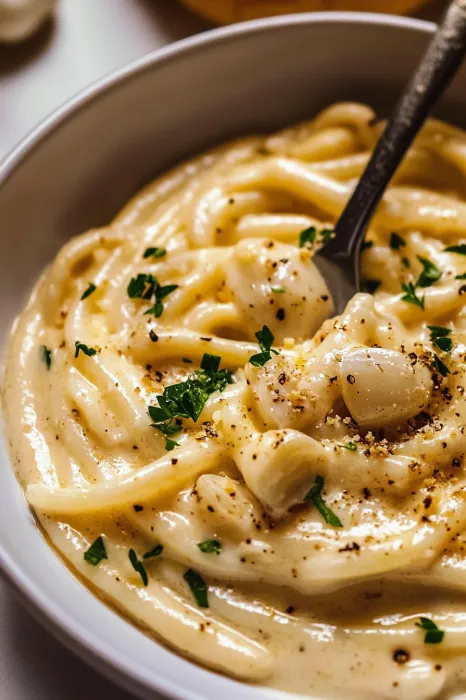 A bowl of pasta with a fork in it.
