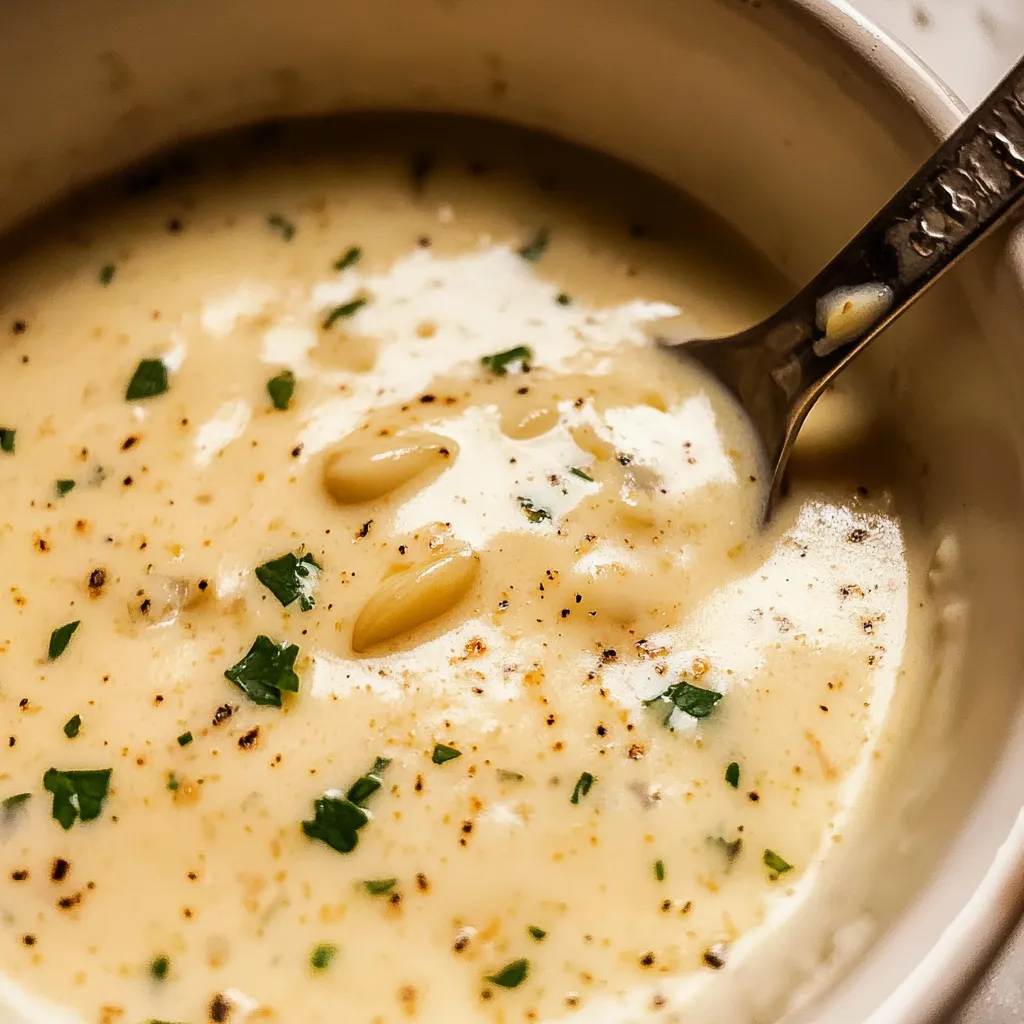 A spoon in a bowl of soup.