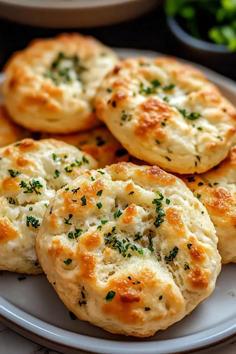A plate of biscuits with green herbs on top.