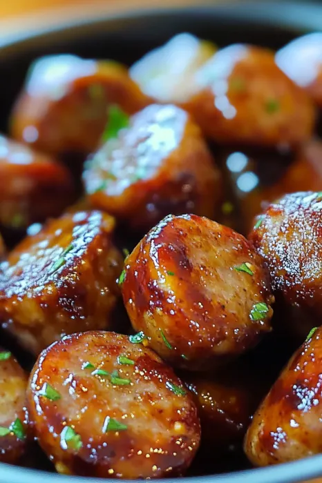 Sliced sausage with green topping.
