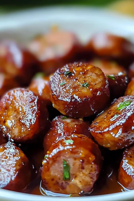 Sliced sausage with a green garnish.