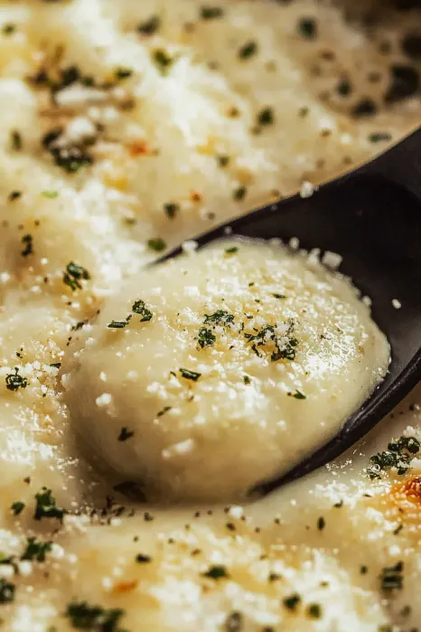 A spoon is in a bowl of food.
