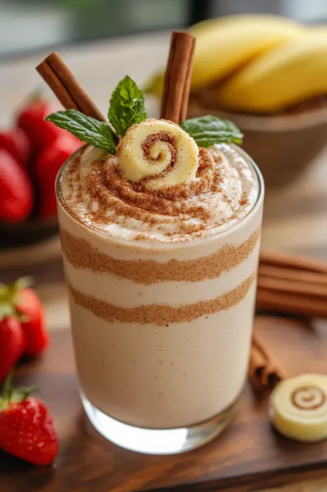 A glass of milk with a strawberry on top.