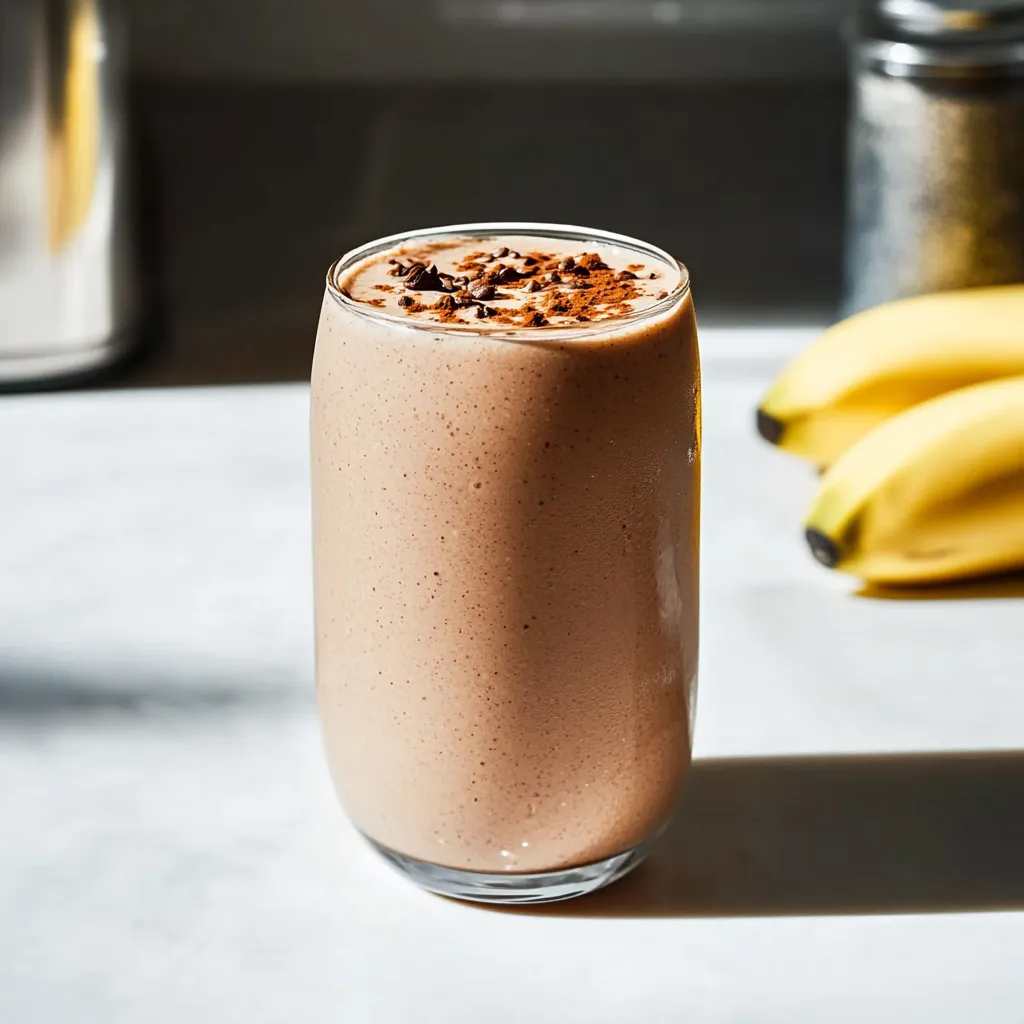 A glass of chocolate milk with a banana on the table.