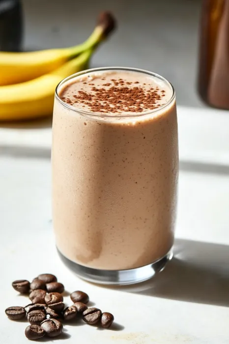 A glass of chocolate milk with bananas on the side.