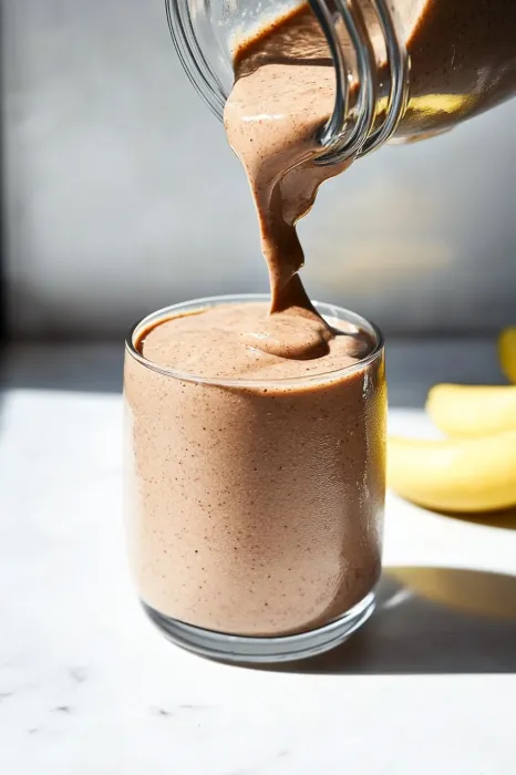A glass of chocolate milk is being poured.