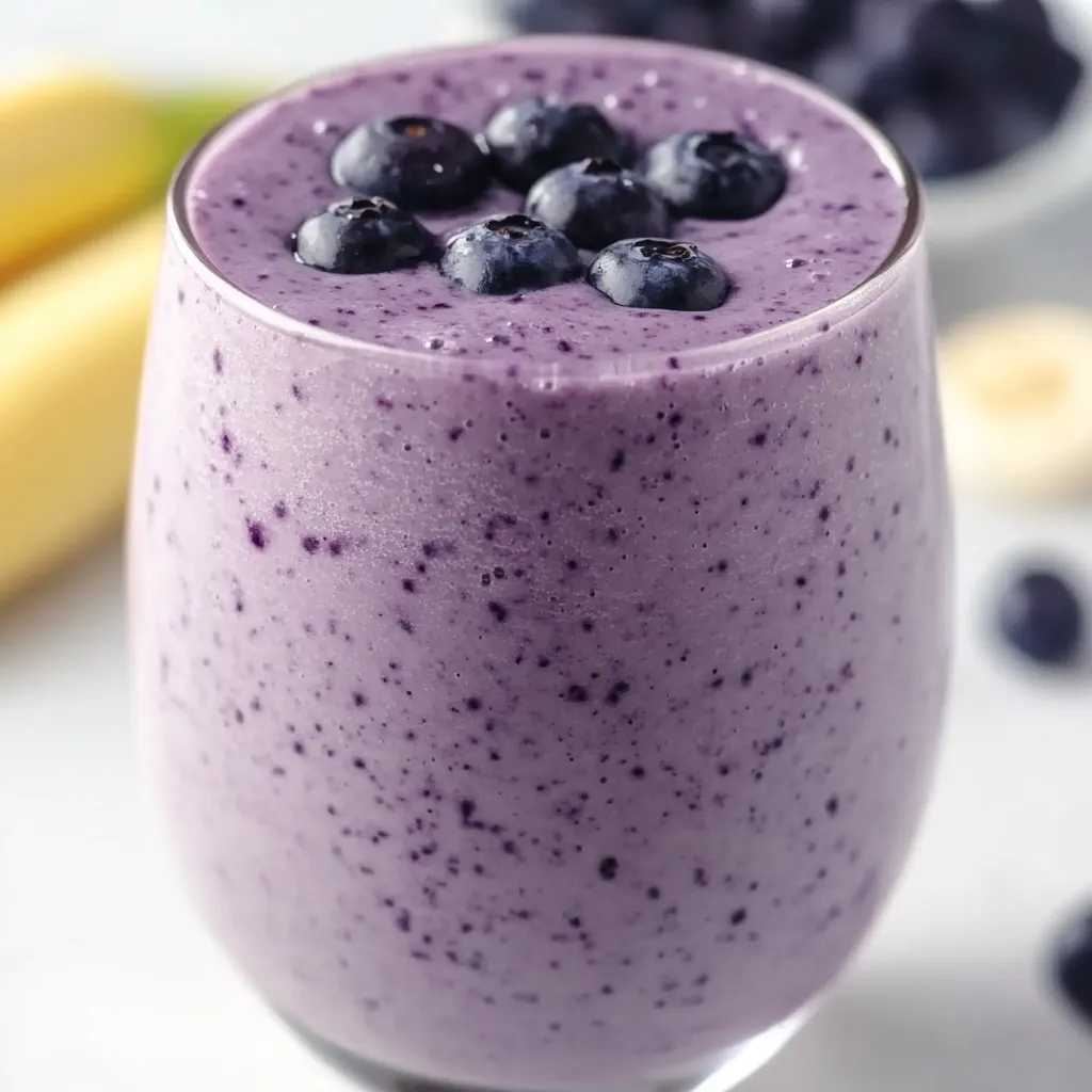 A glass of blueberry smoothie with blueberries in it.