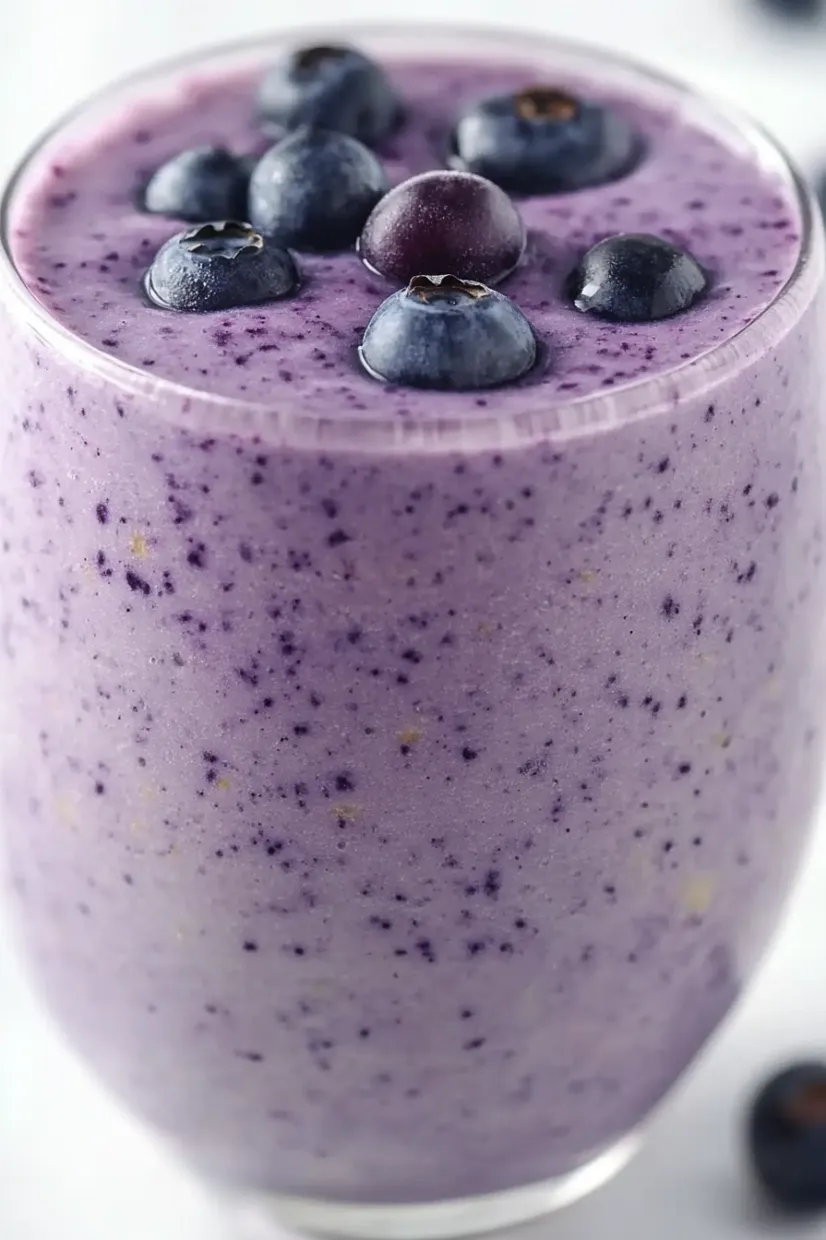 A glass of blueberry smoothie with blueberries on top.