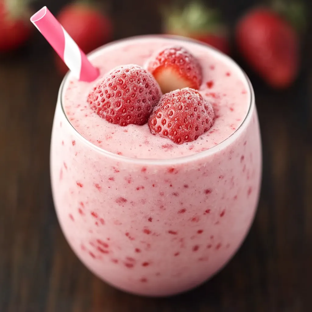 A glass of strawberry milk with a straw.