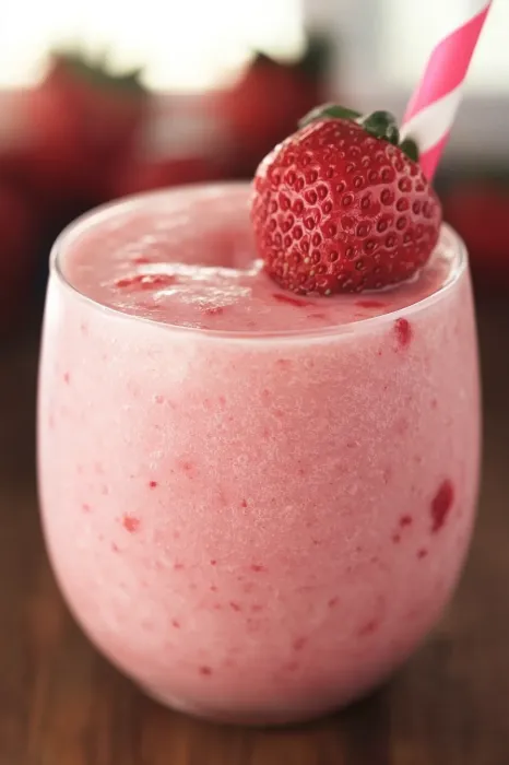 A glass of strawberry milk with a strawberry on top.