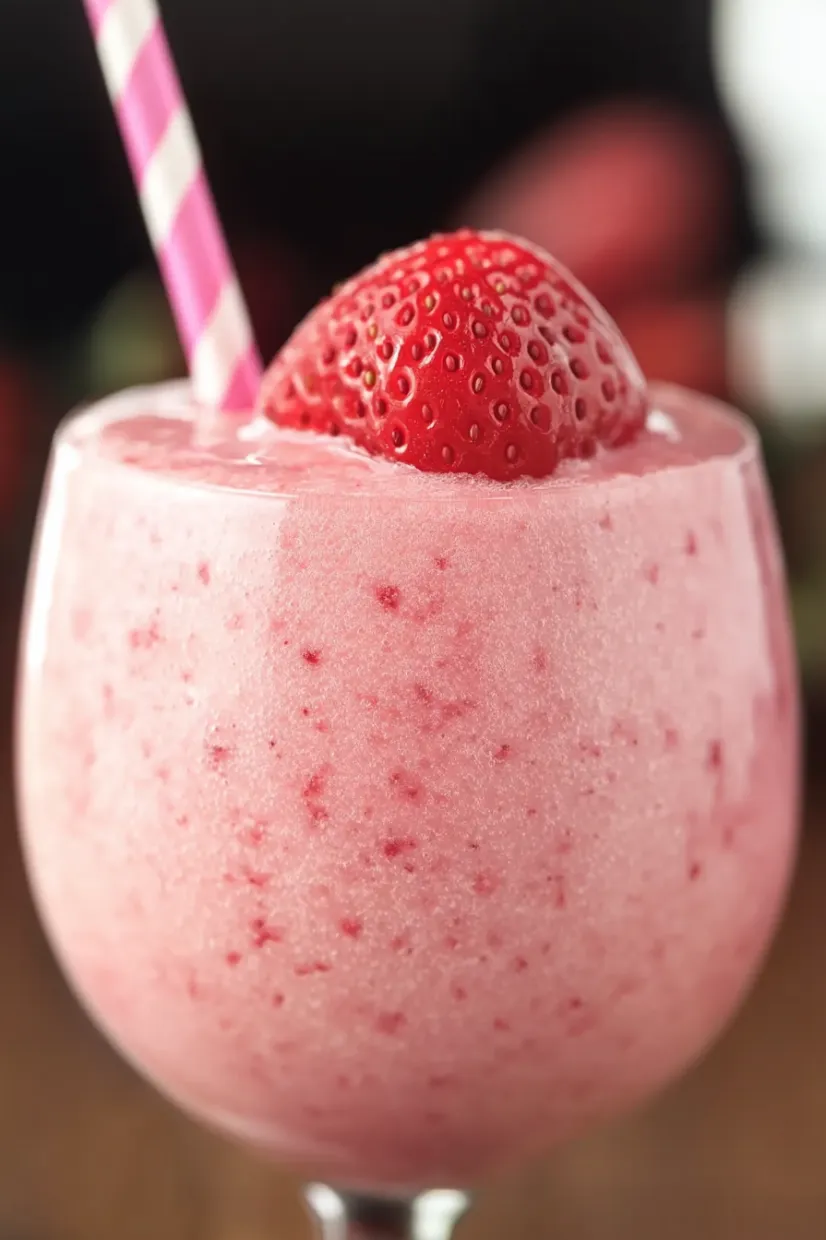 A glass of pink drink with a strawberry on top.